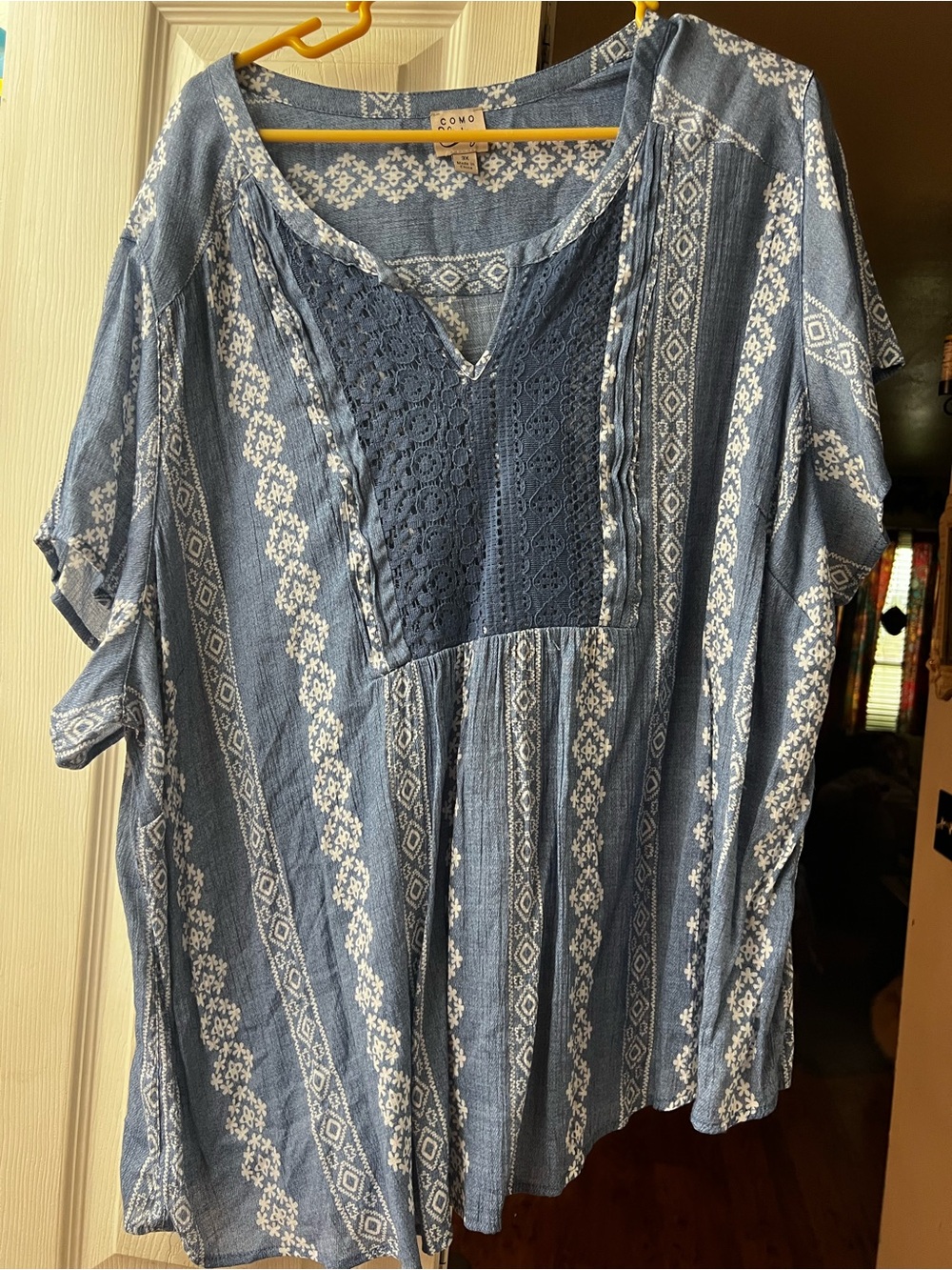 Como Vintage Blue Crochet-Yoke Boho Blouse